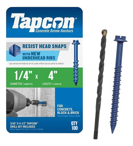 Tapcon 1/4" x 4" Hex Head Concrete Anchor Screws 3165407 | 100 Pack | Drill Bit Included