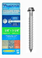 Tapcon 1/4" x 1-1/4" Stainless Steel Hex Head Concrete Anchor Screws 3367907 | 100 Pack | Drill Bit Included