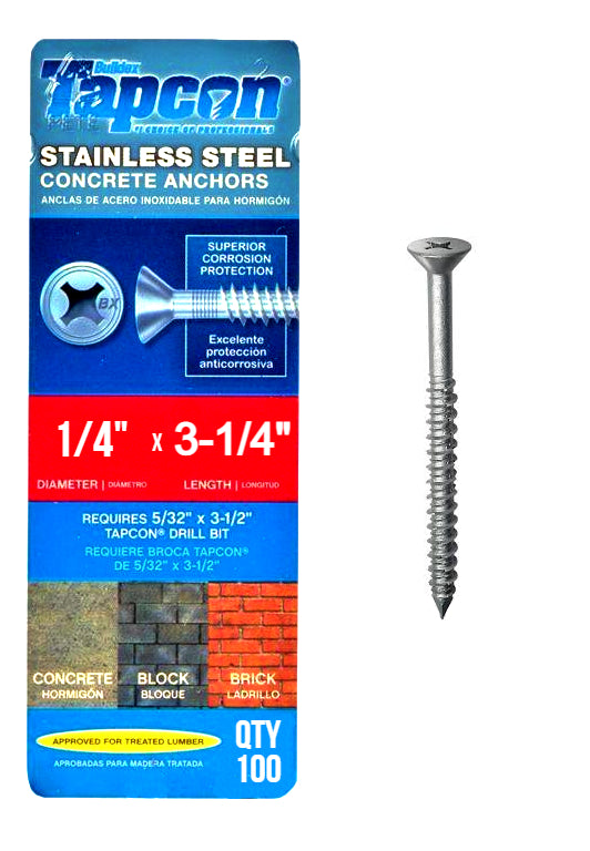 Tapcon 1/4" x 3-1/4" Stainless Steel Phillips Flat Head Concrete Anchor Screws 3377907 | 100 Pack | Drill Bit Included