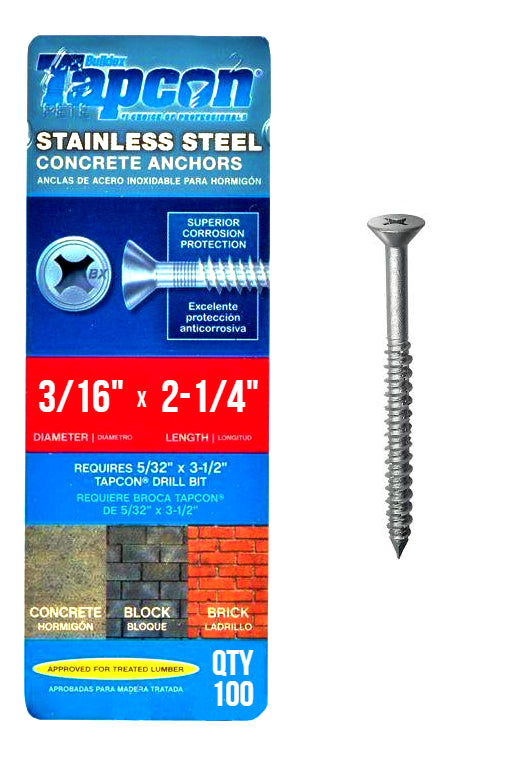 3/16 x 2-1/4 Stainless Tapcon Flat Head