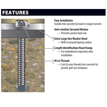 Red Head Tapcon+ 3/8" x 2-1/2" Stainless Steel Large Hex Head Concrete Anchor Screws SLDT-3824 | 50 Pack