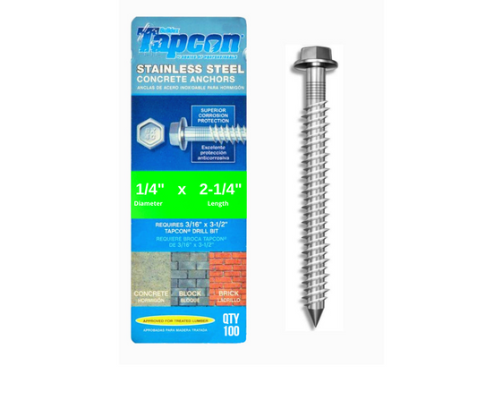 Tapcon 1/4" x 2-1/4" Stainless Steel Hex Head Concrete Anchor Screws 3369907 | 100 Pack | Drill Bit Included