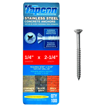 Tapcon 1/4" x 2-1/4" Stainless Steel Phillips Flat Head Concrete Anchor Screws 3375907 | 100 Pack | Drill Bit Included