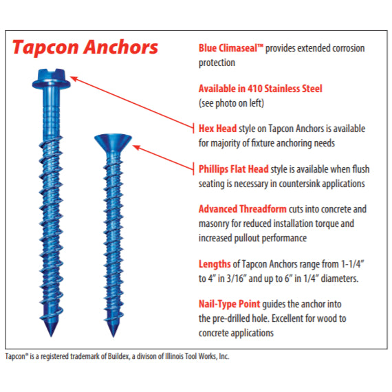 Tapcon 3/16" x 1-1/4" Hex Head Concrete Anchor Screws 3139407 | 100 Pack | Drill Bit Included