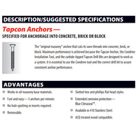 Tapcon 1/4" x 3-1/4" Hex Head Concrete Anchor Screws 3161407 | 100 Pack | Drill Bit Included