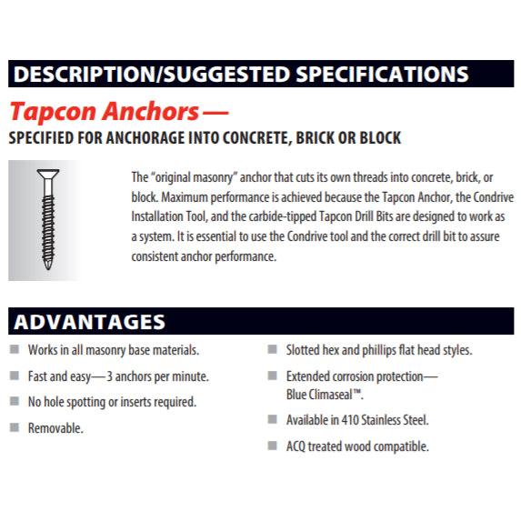 Tapcon 3/16" x 1-1/4" Hex Head Concrete Anchor Screws 3139407 | 100 Pack | Drill Bit Included