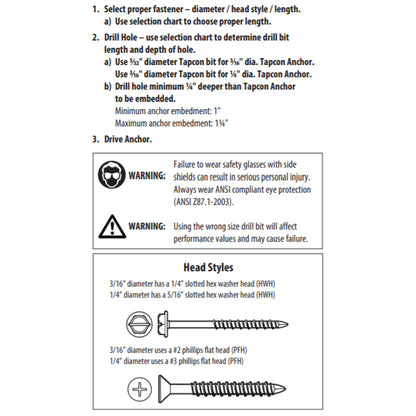 Tapcon 3/16" x 2-3/4" Hex Head Concrete Anchor Screws 3145407 | 100 Pack | Drill Bit Included