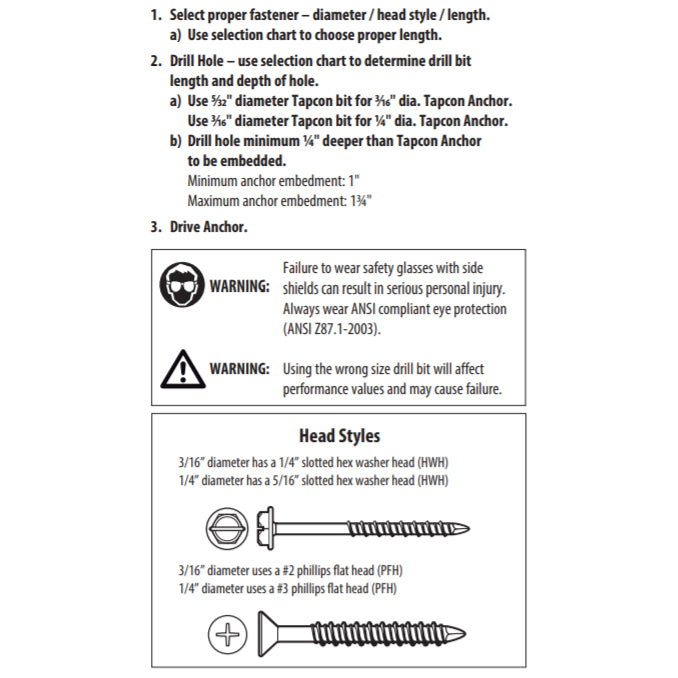 Tapcon 1/4" x 2-1/4" Hex Head Concrete Anchor Screws 3157407 | 100 Pack | Drill Bit Included